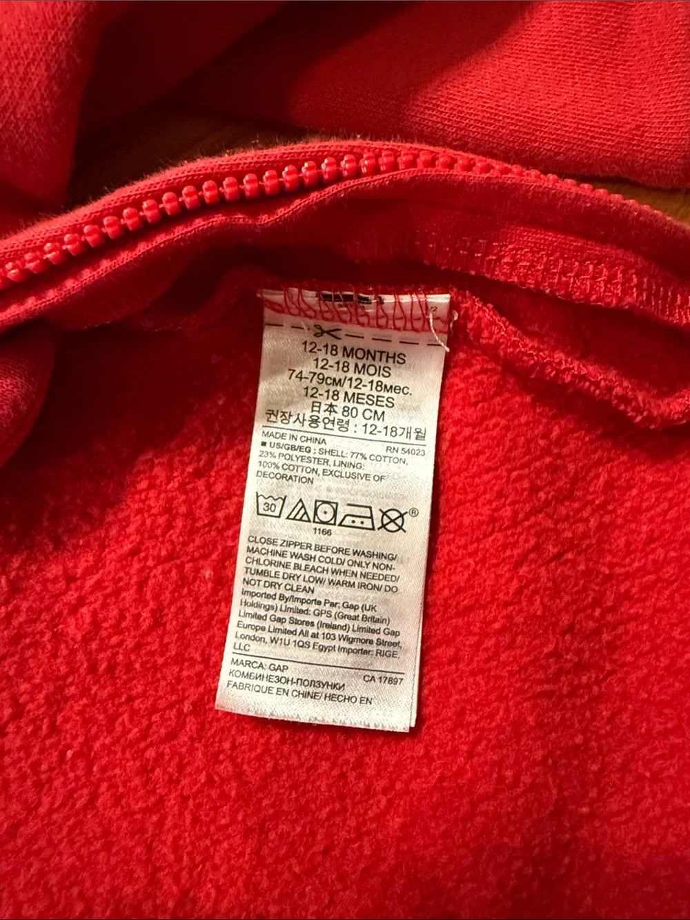 Red One Piece Hooded Gap Outfit Size 12-18 Months